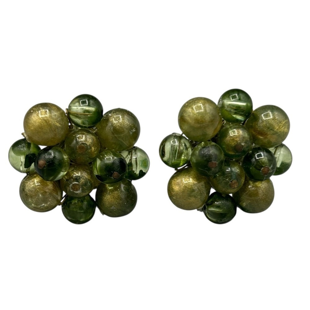Vintage Green Glass Cluster Clip Earrings Gold Tone Mid Century Statement